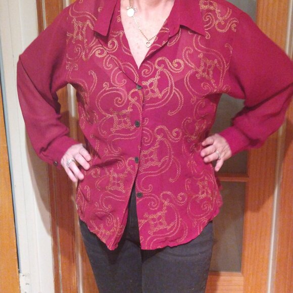 Carole Little petite deep red and gold embroder shirt - Picture 3 of 8